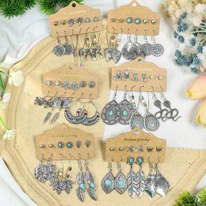 Green Turquoise Ethnic Dangle Drop Earrings for Women Vintage Boho 18-Pair Set